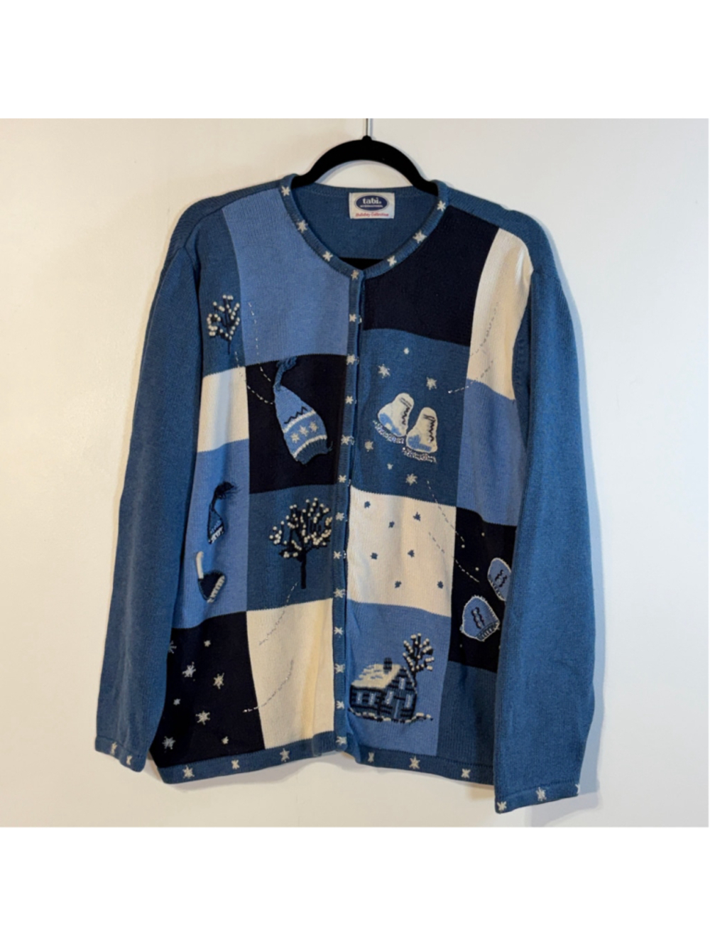 Vintage Christmas Cardigan Sweater Blue Snap Buttons Women’s Size Large Skates